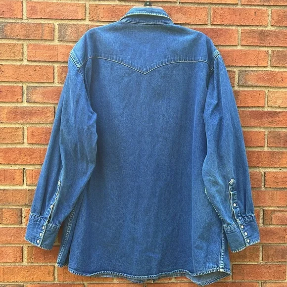 VTG Carhartt Rugged Denim Western Work Shirt Overshirt Pearl Snaps Yoke Pockets - Picture 3 of 14